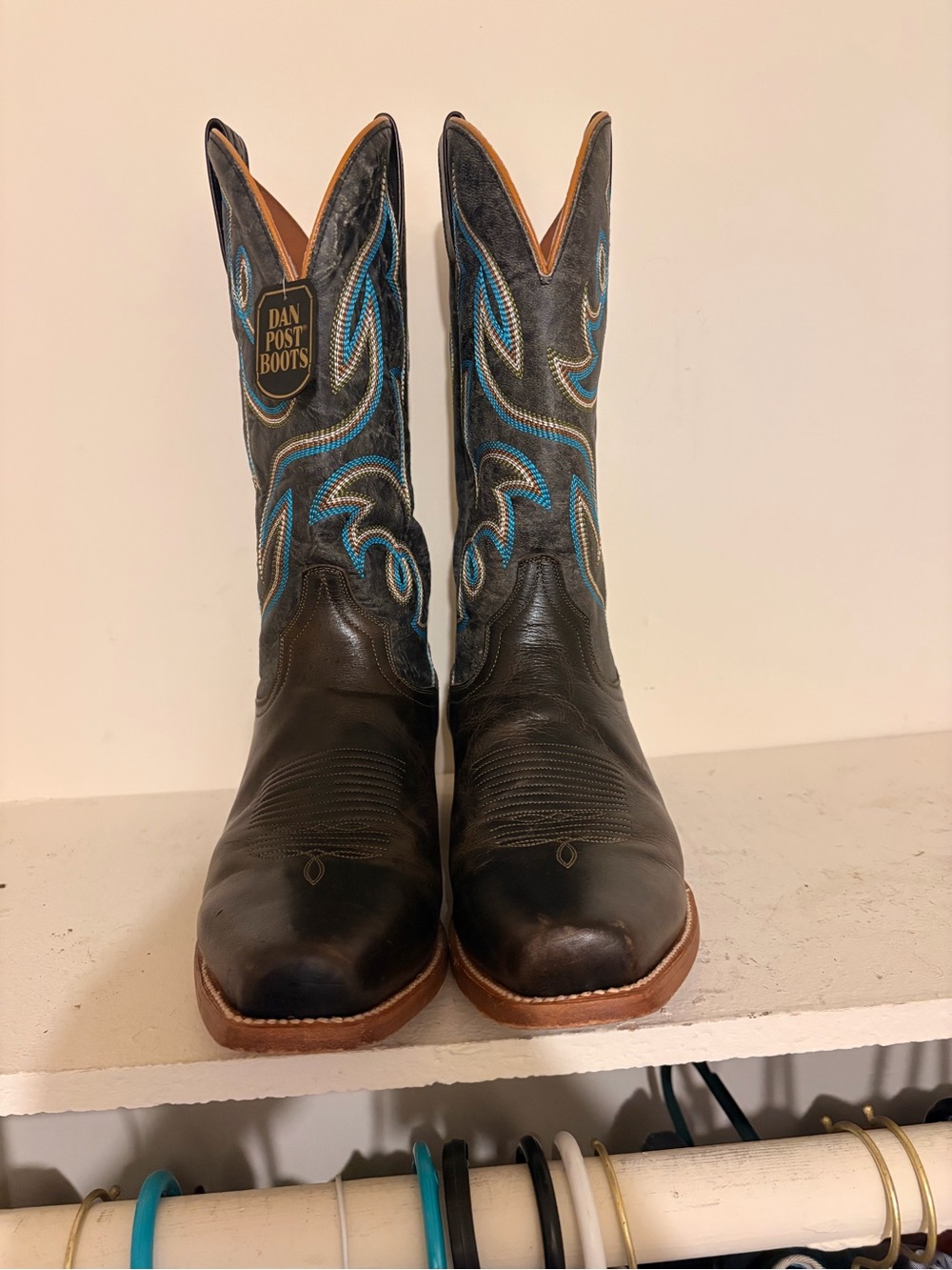 Dan Post Black Leather Western Boots with Blue Embroidery